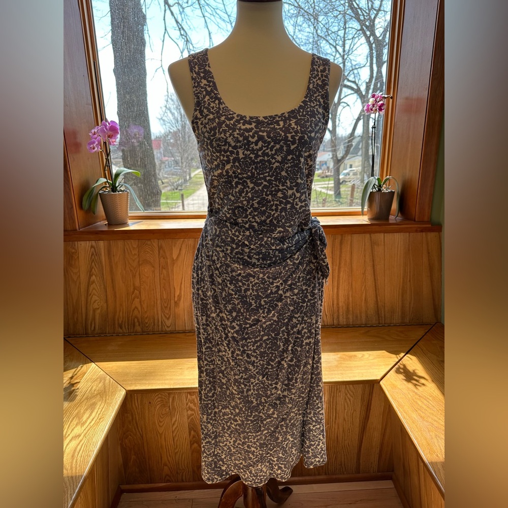 Pact Sleeveless Blue and White Floral Tie-Waist Dress L NWT